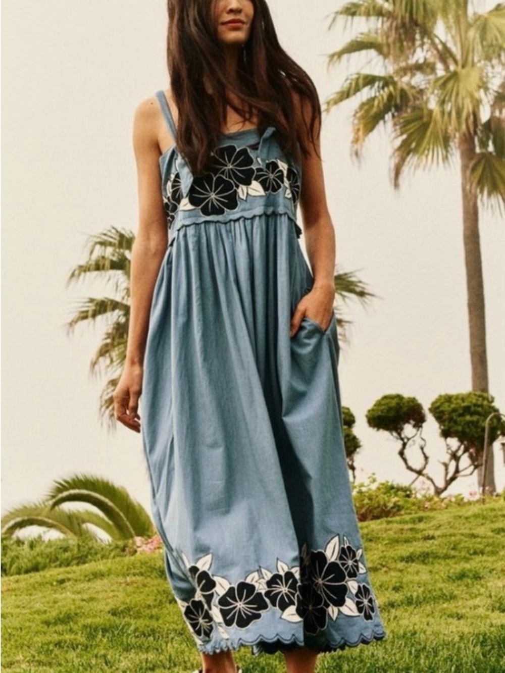 THE GREAT. Blue Sundress with Black & White Floral Embroidery